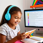 **

A young girl with dyslexia joyfully reading an audiobook while using text-to-speech software, surrounded by colorful, multi-sensory learning materials. The scene should evoke a sense of accessibility, enjoyment, and empowerment in learning.

**