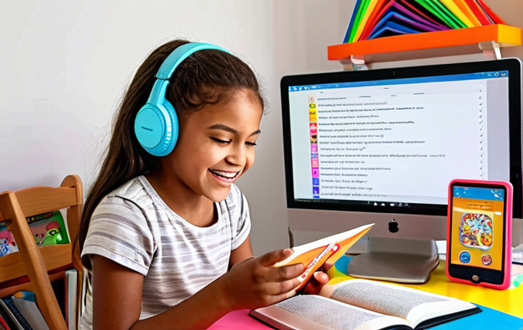 **
A young girl with dyslexia joyfully reading an audiobook while using text-to-speech software, surrounded by colorful, multi-sensory learning materials. The scene should evoke a sense of accessibility, enjoyment, and empowerment in learning.
**