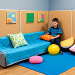 Sensory Corner in a Classroom**

"A bright and welcoming sensory corner in a classroom designed for children with special needs. Soft lighting, calming colors, various textures (pillows, blankets, textured wall panels). A fully clothed child is calmly interacting with a sensory toy.  Include: fidget toys, comfortable seating, and educational elements. Safe for work, appropriate content, fully clothed, professional, family-friendly, perfect anatomy, natural proportions, high quality."

**