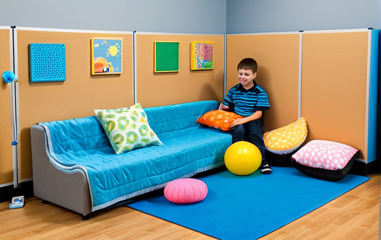 Sensory Corner in a Classroom**
"A bright and welcoming sensory corner in a classroom designed for children with special needs. Soft lighting, calming colors, various textures (pillows, blankets, textured wall panels). A fully clothed child is calmly interacting with a sensory toy. Include: fidget toys, comfortable seating, and educational elements. Safe for work, appropriate content, fully clothed, professional, family-friendly, perfect anatomy, natural proportions, high quality."
**