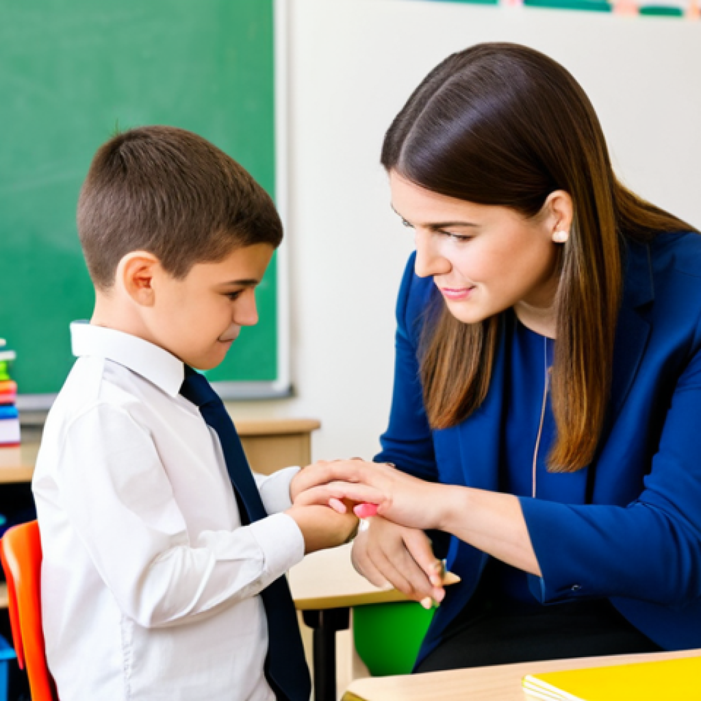 특수교육과 개별 맞춤 학습 - A dedicated special education teacher, fully clothed in professional attire, patiently guiding a you...