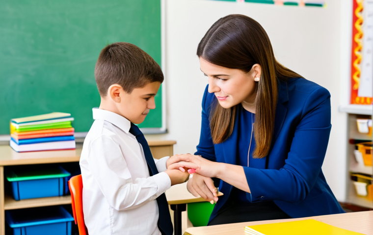 특수교육과 개별 맞춤 학습 - A dedicated special education teacher, fully clothed in professional attire, patiently guiding a you...
