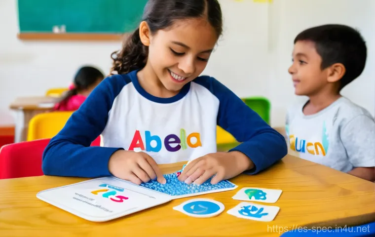 특수교육과 학습자료 개발 - A bright, inclusive classroom setting in Bogot&aacute;, Colombia, designed for special education. A young c...