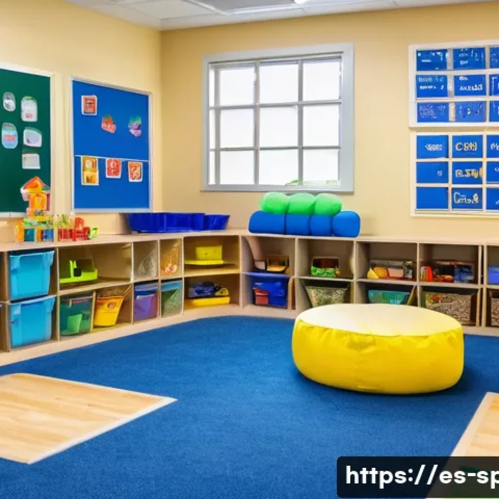 특수교육과 감정 조절 교육 - A bright, organized classroom designed for children with special needs, featuring clear visual sched...