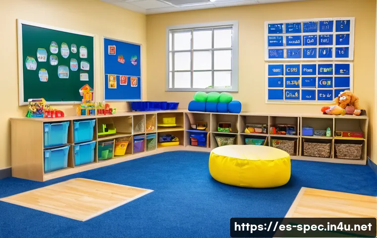 특수교육과 감정 조절 교육 - A bright, organized classroom designed for children with special needs, featuring clear visual sched...