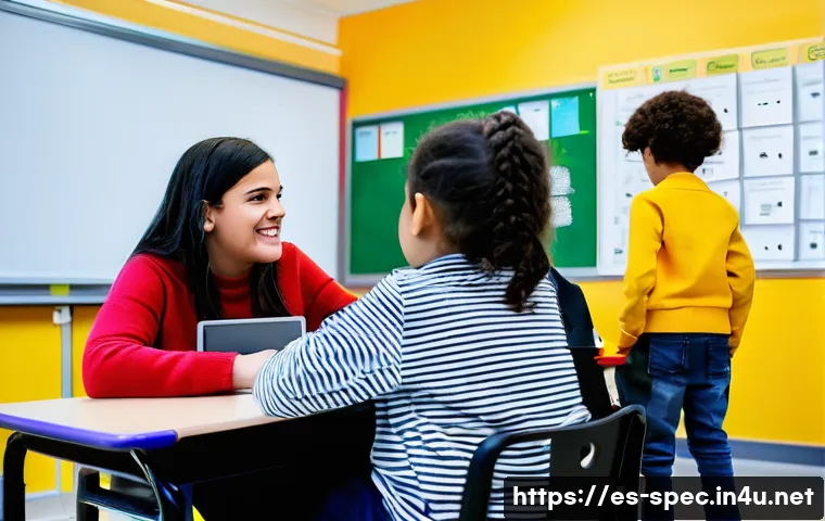 특수교육과 특수교육 통계 - A diverse classroom scene in a modern Spanish urban school, showing a group of students with special...