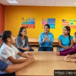 특수교육과 보호자 교육 - A warm, inviting classroom scene in a Spanish-speaking community, showing a diverse group of educato...
