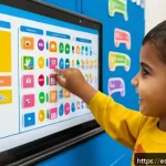지적장애 학생 교육 - A bright and inclusive classroom scene in a Spanish school, showing a diverse group of children with...