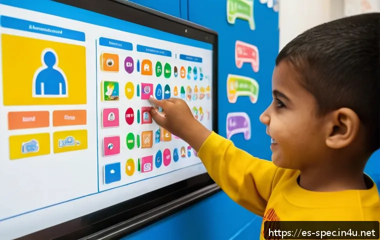 지적장애 학생 교육 - A bright and inclusive classroom scene in a Spanish school, showing a diverse group of children with...