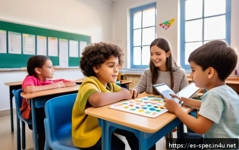 특수교육과 신경과학 - A diverse classroom scene in a modern Spanish school, showing students with various cognitive and se...