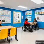 특수교육 대상자 - A bright, modern inclusive classroom in a Spanish-speaking school, featuring diverse students of var...
