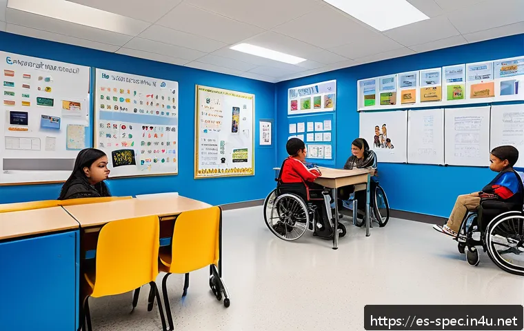 특수교육 대상자 - A bright, modern inclusive classroom in a Spanish-speaking school, featuring diverse students of var...