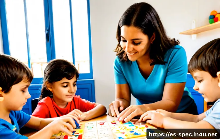 특수교육과 문제 해결 능력 - Photorealistic inclusive special education classroom in Spain, a caring teacher guiding a diverse gr...