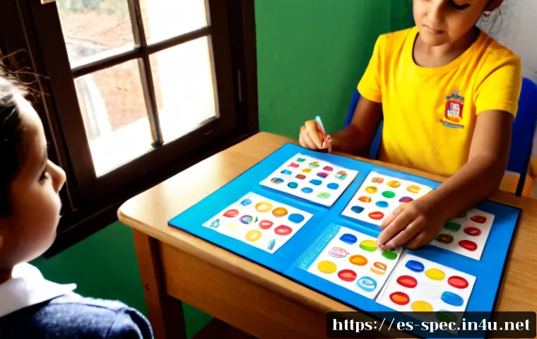 특수교육 교수 전략 - Photorealistic inclusive elementary classroom in Spain, a warm Hispanic female special education tea...